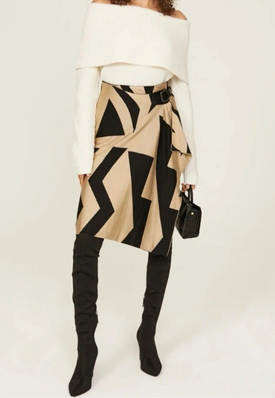 Ralph Lauren Black Label Tan Geo Print Faux Wrap Skirt PM Cotton Blend Knit